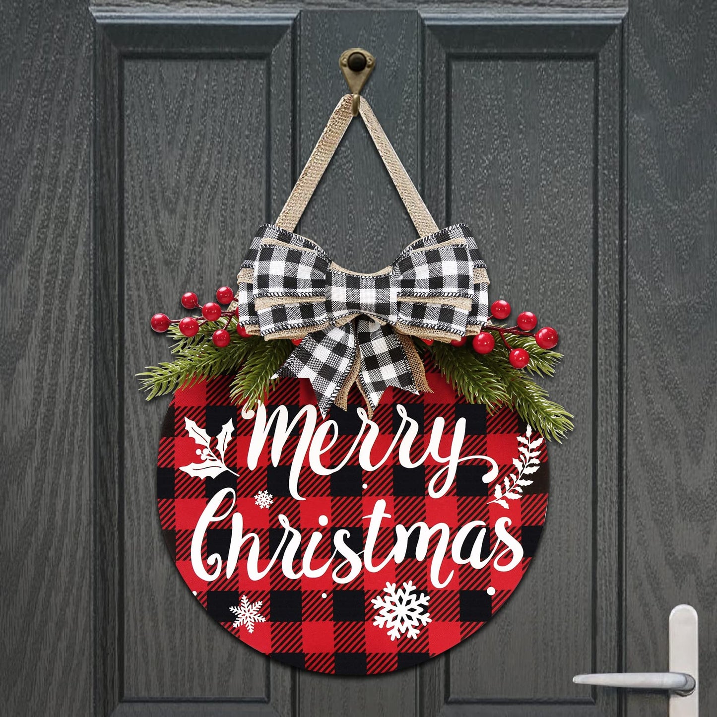 Christmas Decorations - Buffalo Plaid Xmas Wreath - Winter Wreaths Merry Christmas Sign for Holiday Rustic Farmhouse Front Door Porch Wall Window Outside Decorations