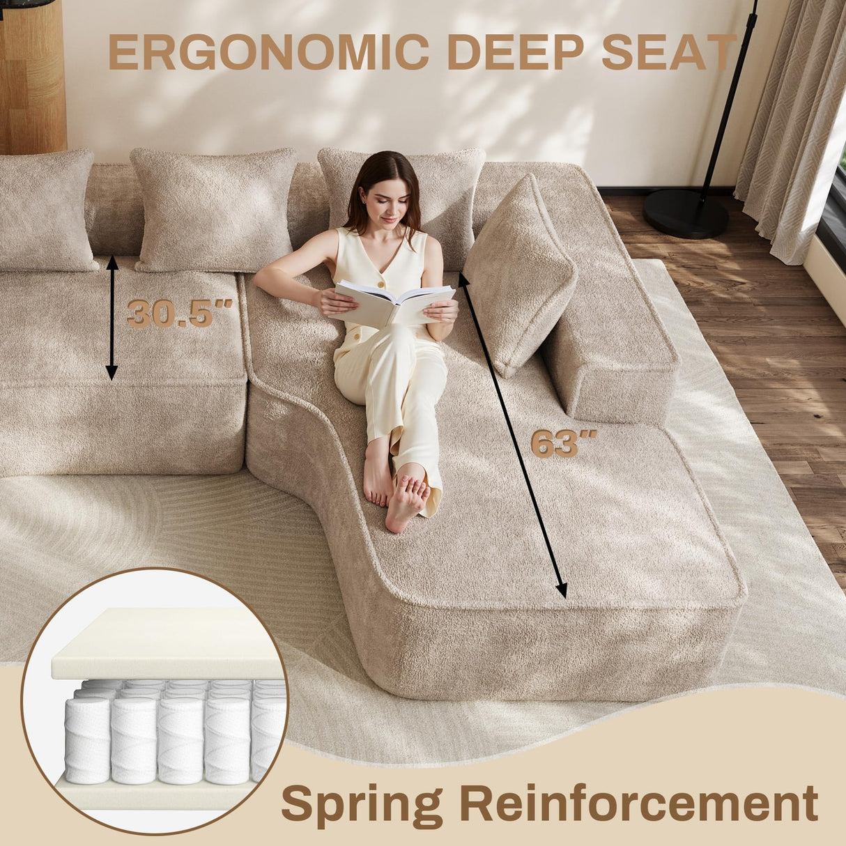 DAMAIFROM Oversized L Shape Sectional Sofa with Chaise, 134" W L-Shaped Sectional Couches with 63" D x 40" W Chaise Lounge Boneless Chenille Sofas for Large Living Room, Camel DAMAIFROM