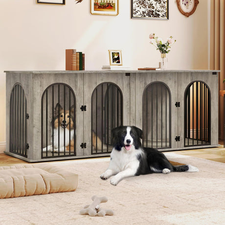 Hzuaneri 88.4" Dog Crate Furniture for 2 Dogs, Heavy Duty Indoor Dog Kennel TV Stand, XXL Wooden Dog Cage with Divider for Medium Large Dogs, End Table Dog Crate with Cushion, Greige Black DFC84005BV1 Hzuaneri