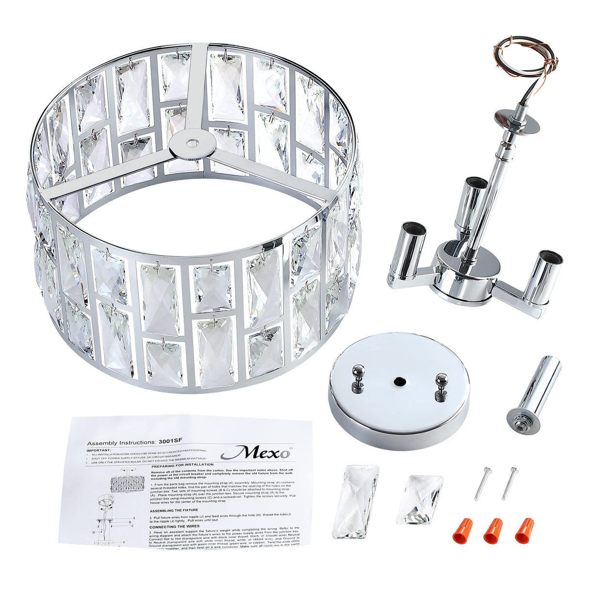 MEXO Farmhouse Crystal Round Semi Flush Mount Modern Close to Ceiling Light Fixture, Cylinder Drum Shade Ceiling Lights 3LT Ceiling Lamp for Kitchen Island Dinning Room Bedroom MEXO