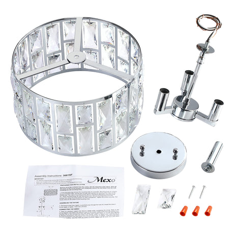 MEXO Farmhouse Crystal Round Semi Flush Mount Modern Close to Ceiling Light Fixture, Cylinder Drum Shade Ceiling Lights 3LT Ceiling Lamp for Kitchen Island Dinning Room Bedroom MEXO