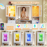 Vanity Desk with Mirror & Lights, 42‘’ Large Makeup Vanity with 2 RGB Jewelry Cabinets & 7 Drawers, White Vanity Table Set with Charging Station, Dressing Table with Lights Desk, 3 Light Modes ALEXNUTRE