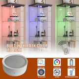 4-Tier Glass Display Cabinet with LED Lights & PE Rattan Drawers, Glass Curio Cabinets Collectibles Display Case on Wheel, Tempered Glass Freestanding Bookshelf for Living Room Bedroom Office, Black TehRecBT