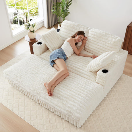 RARZOE 64'' Oversized Chaise Lounge Chair Indoor, Plush Faux Rabbit Fur Sleeper Sofa Bed with 4 Pillows, Charging Station & Cup Holders, Fluffy Comfy Cloud Couch Loveseat Sofa for Living Room,Beige RARZOE