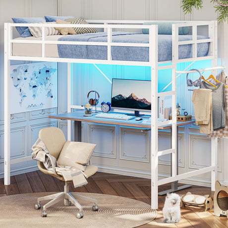 Hasuit Space-Saving Twin Loft Bed with RGB LED Lights and Guardrail, Metal Frame with Clothes Rack Hasuit