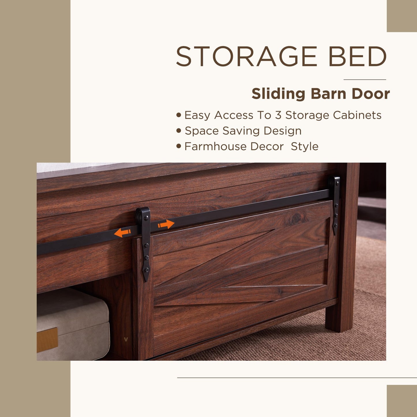 Farmhouse Queen Size Wood Bed Frame with Sliding Barn Door Storage and Solid Slats Support, Brown - WoodArtSupply