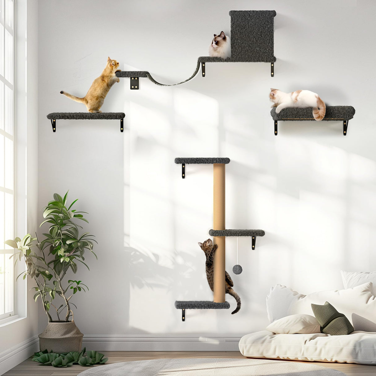 FUKUMARU Cat Wall Shelves, Stable & Safe 4 in 1 Cat Furniture Set, Wooden Climbing Wall with Scratching Post for 16 Inch Drywall - Gray FUKUMARU