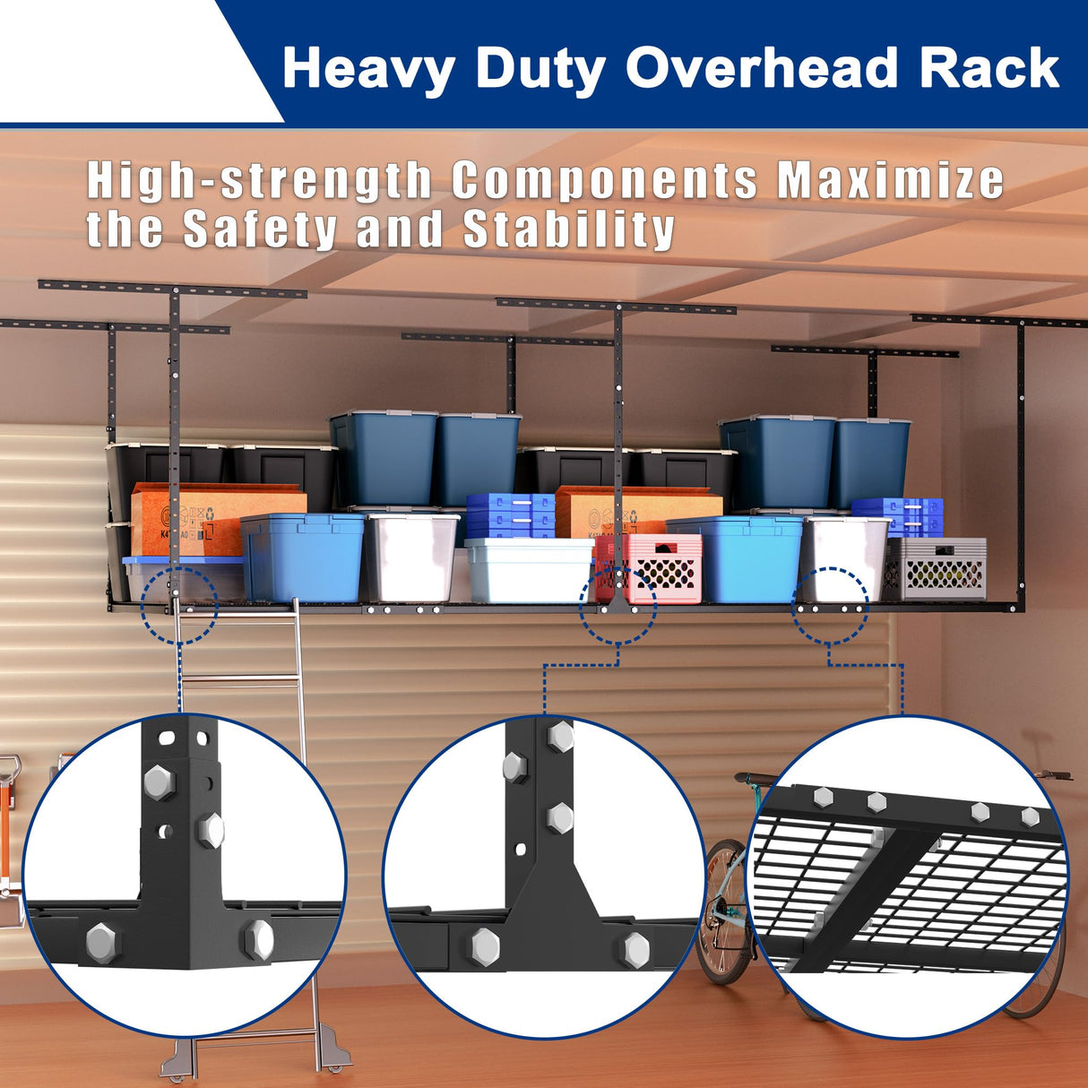 GIOTORENT 3x8FT Overhead Garage Storage Rack, Heavy Duty Metal Garage Ceiling Storage Racks, Adjustable Garage Shelving/Garage Organization/Garage Storage Shelves, 600lbs Weight Capacity, Black GIOTORENT