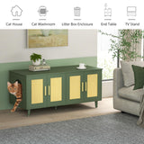 Homhedy Boho Cat Litter Box Enclosure for 2 Cats, Wooden Cat Washroom Furniture with Double Rattan Decorated Doors, Pet House,47.2”L x 19.7”W x 21.7”H, Green Homhedy