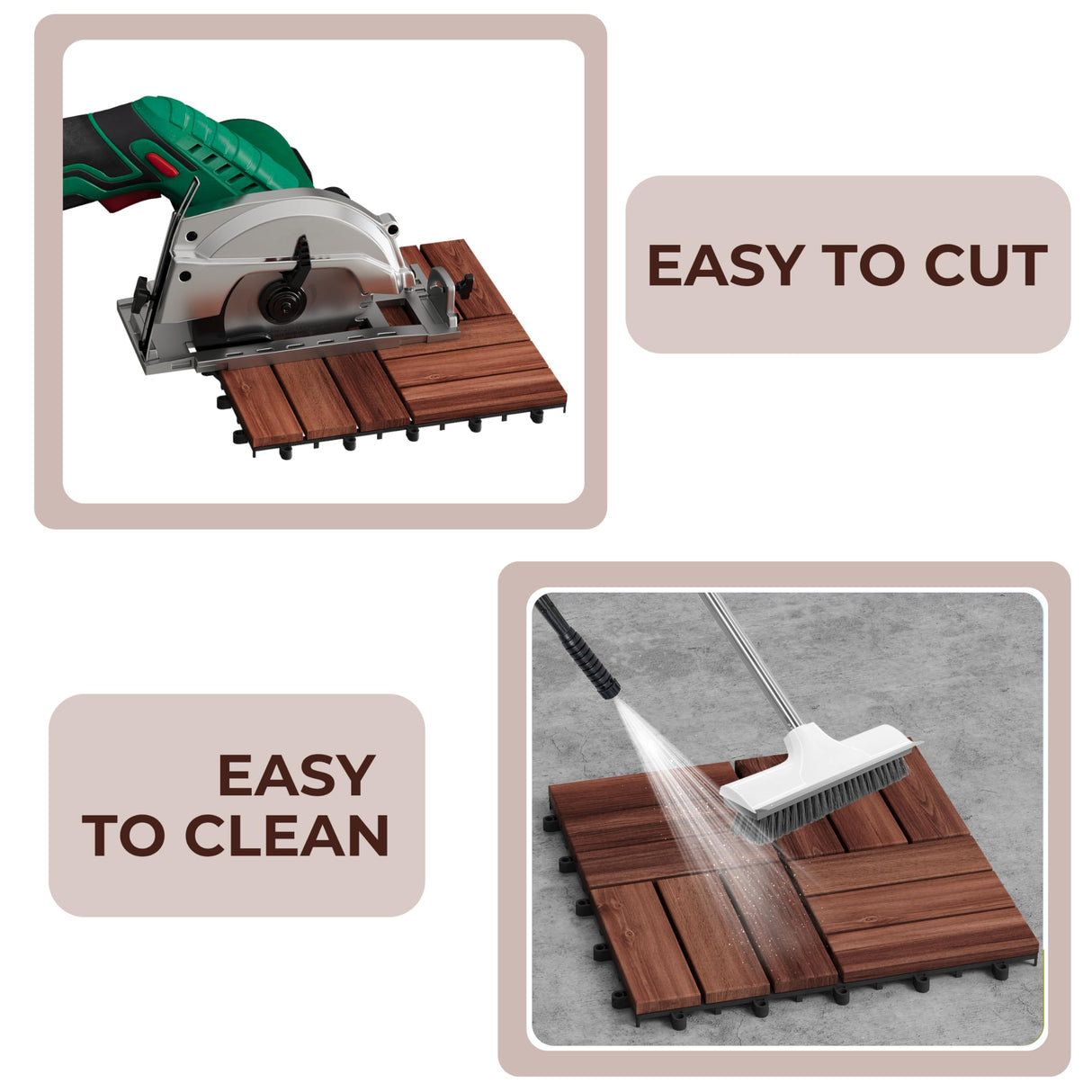 9 PCS Interlocking Deck Tiles 12" x 12"- Acacia Wood Deck Tiles Waterproof - Patio Deck Tiles for Indoor & Outdoor Use, Drainage, Non Slip, Easy Installation (Brown) J CLOVER