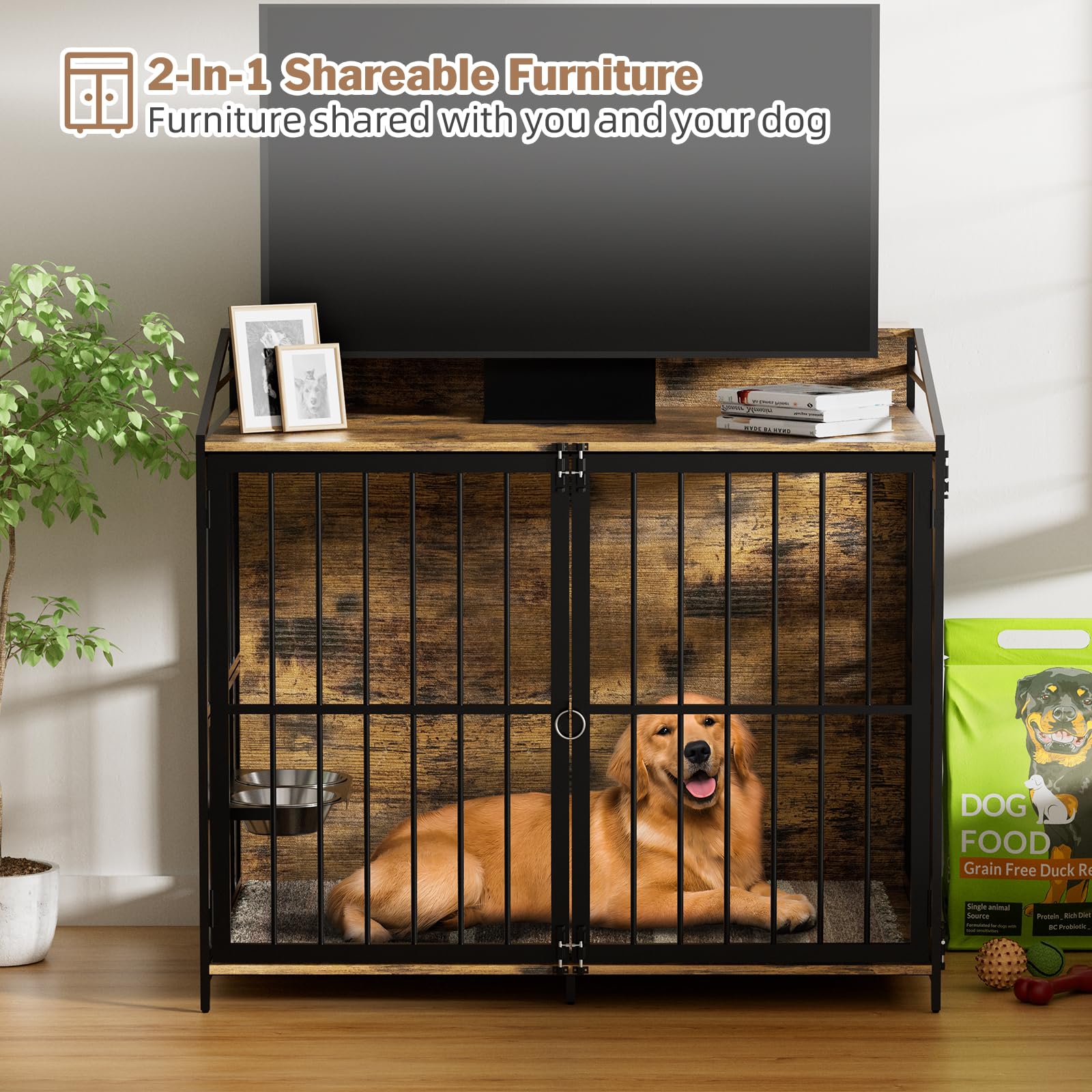 48" Furniture Style Large Dog Crate with 360° & Adjustable Height Feeder 2 Stainless Bowls, Double Door Wooden End Table House Kennel Indoor Use for Dogs - WoodArtSupply