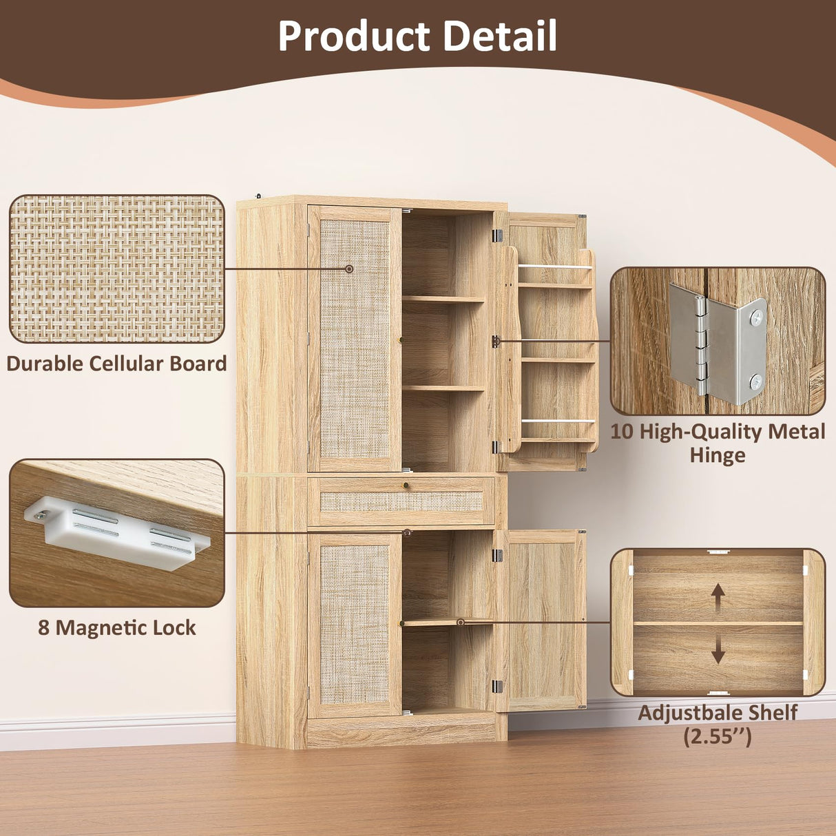 Bigbiglife Kitchen Pantry Cabinet with Rattan Doors, 70'' Tall Pantry Cabinet, Freestanding Cupboard, Adjustable Shelves, for Kitchen Dining Room (Natural Oak) Bigbiglife