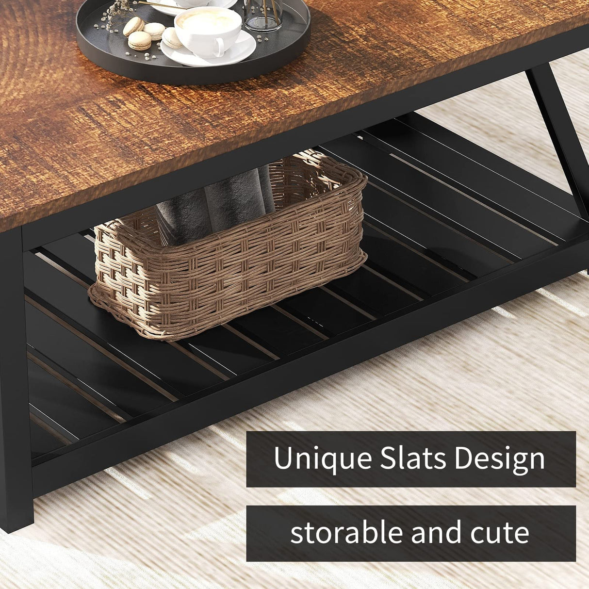 ChooChoo Black Coffee Table, Rustic Vintage Table with Shelf for Living Room, 40 Inch ChooChoo