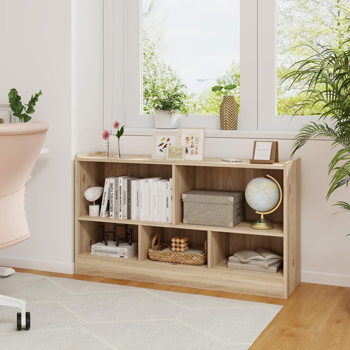 SILKYDRY 5 Cube Storage Organizer, 2-Tier Horizontal Bookshelf, Wooden Display Book Shelves for Home Office Classroom, Low Bookcase Under Window (Natural, 44” x 12” x 24”) SILKYDRY