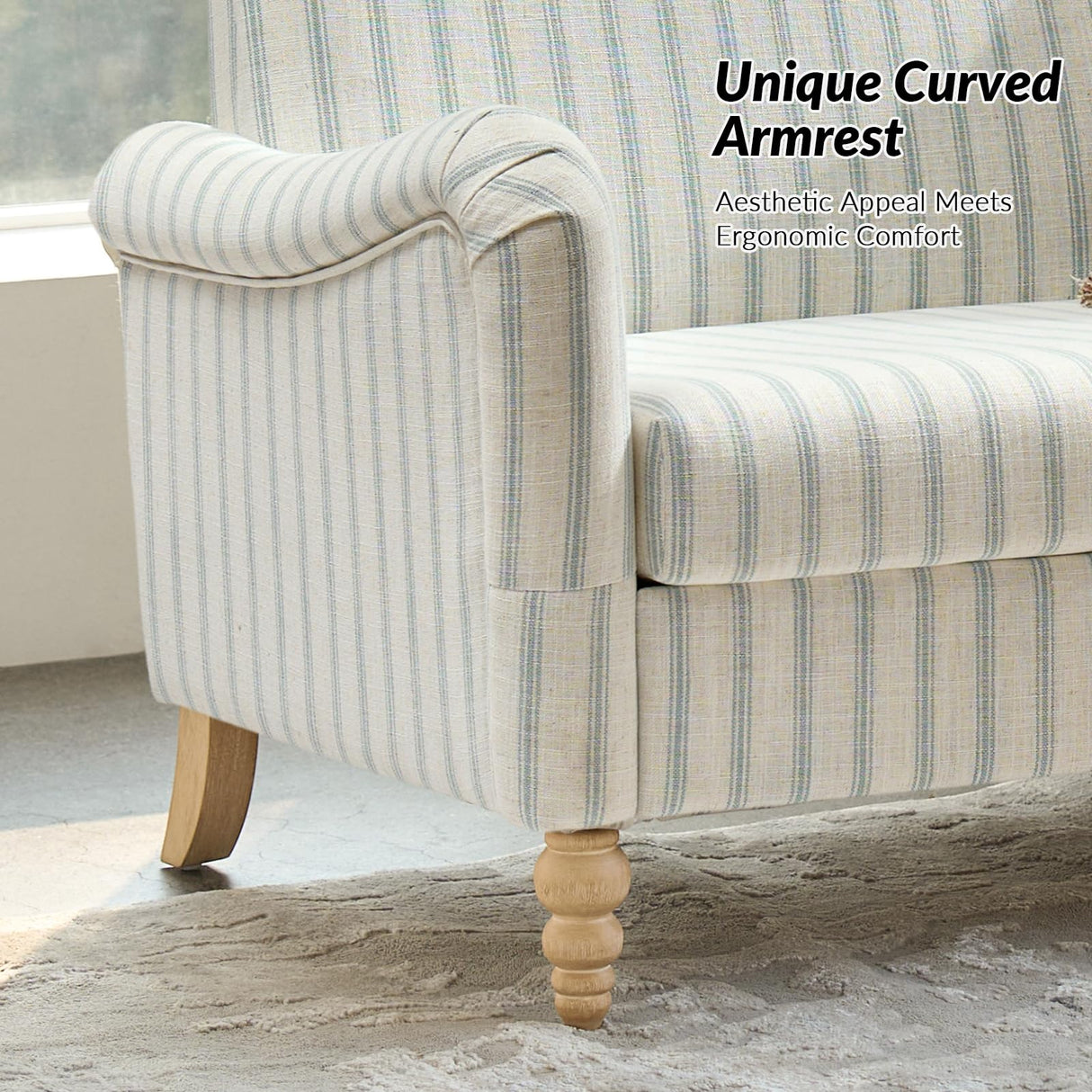 HULALA HOME 50.5" Loveseat Sofa with Stripe Pattern, 2 Seater Farmhouse Sofa with Rolled Wide Armrests and Rubber Wood Legs, Comfy Upholstered Small Couch for Living Room Bedroom, Blue HULALA HOME