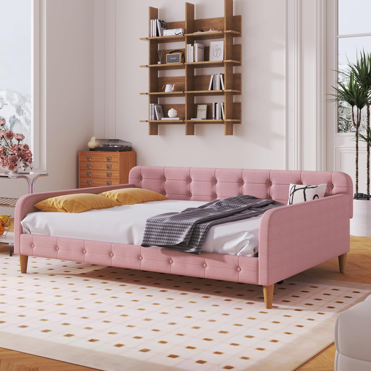Bellemave Queen Upholstered Daybed with 4 Support Legs, Corner Bed, Upholstered Bedframe for Kids,Teens,Adults, Pink (Linen) Bellemave
