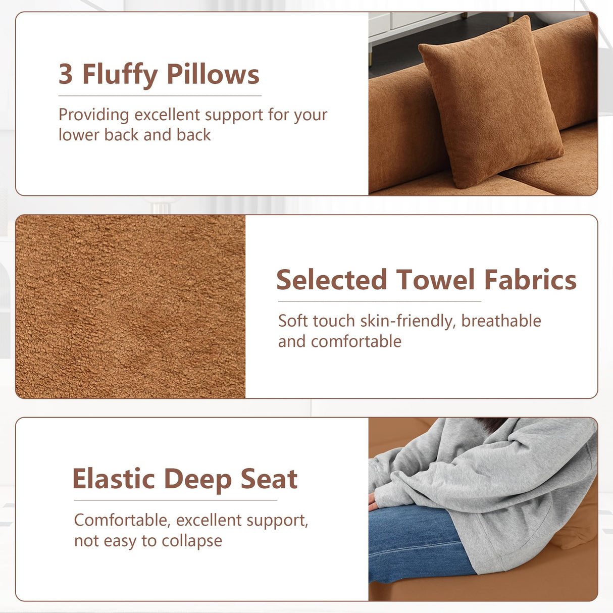 Suheww 130.5” Modern Curved Floor Combination Sofa, Curved Sectional Sofa Couch for Living Room, Deep Seat 4-Seater Oversized Terrycloth Fabric Sofa with 3 Pillows for Apartment Bedroom Office(Brown) Suheww