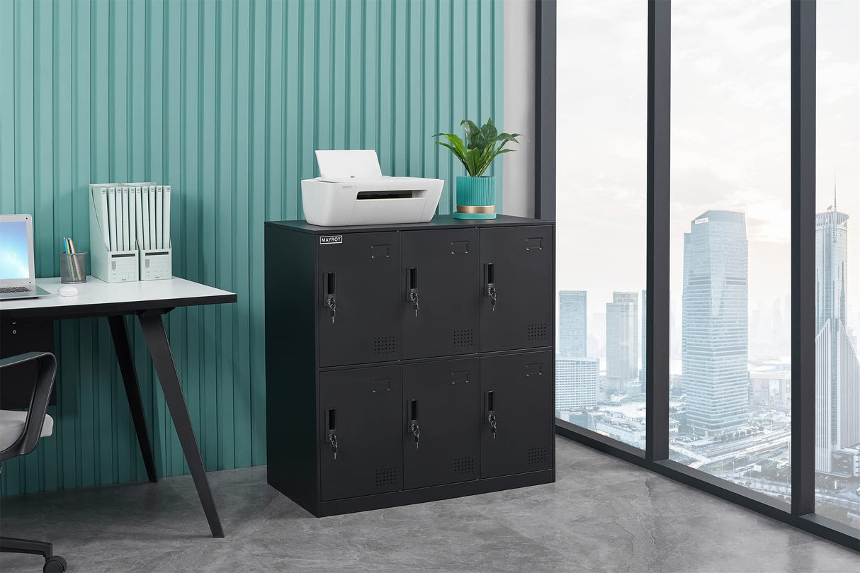6 Door Locker Office Storage Locker Home and School Storage Organizer Metal Storage Cabinet with Lock for Classroom Gym Kids Room Playroom (Full Black) MAYROY