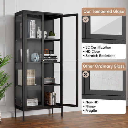 Polup Display Cabinet with 3 Side Tempered Glass, 66" Tall Curio Cabinet with Doors, Black Display Case for Collectibles, Figures, Metal Storage Cabinet for Living Room, Home Office, Assemble Required