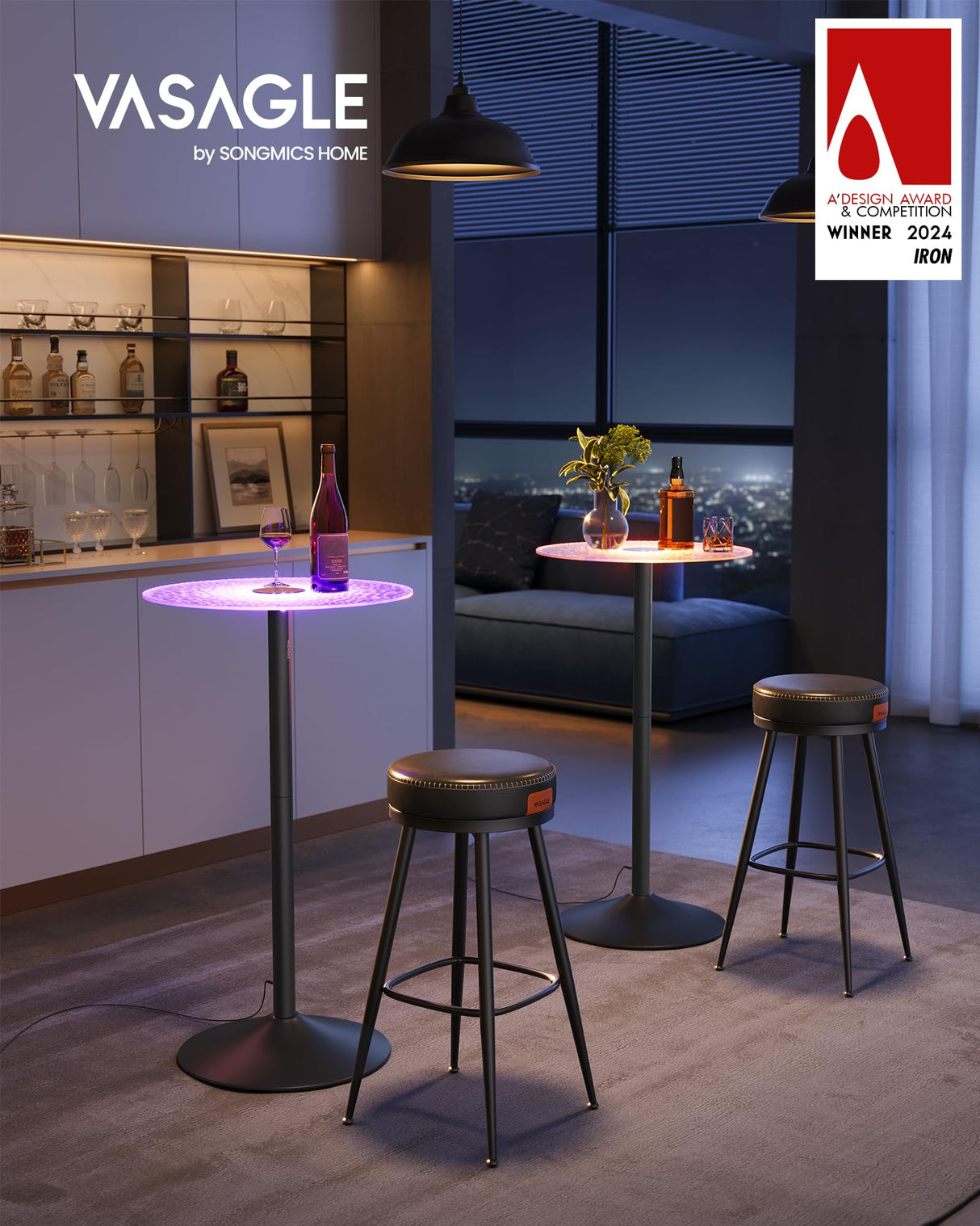 VASAGLE Bar Table, Round Cocktail Table with Multi-Colored Lights and Glass Top, Large Steel Base, 41.3 Inches Tall Pub Table for Kitchen, Bistro, Parties, Cloud White and Ink Black VASAGLE