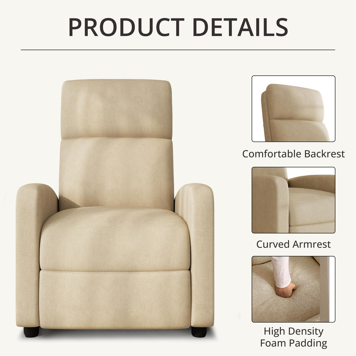 zzlay Recliner Chair for Living Room, Modern Adjustable Home Theater Seating Single Sofa Manual Push Back Armchair with Soft Linen Upholstery & High Backrest for Small Spaces, Linen-Cream zzlay