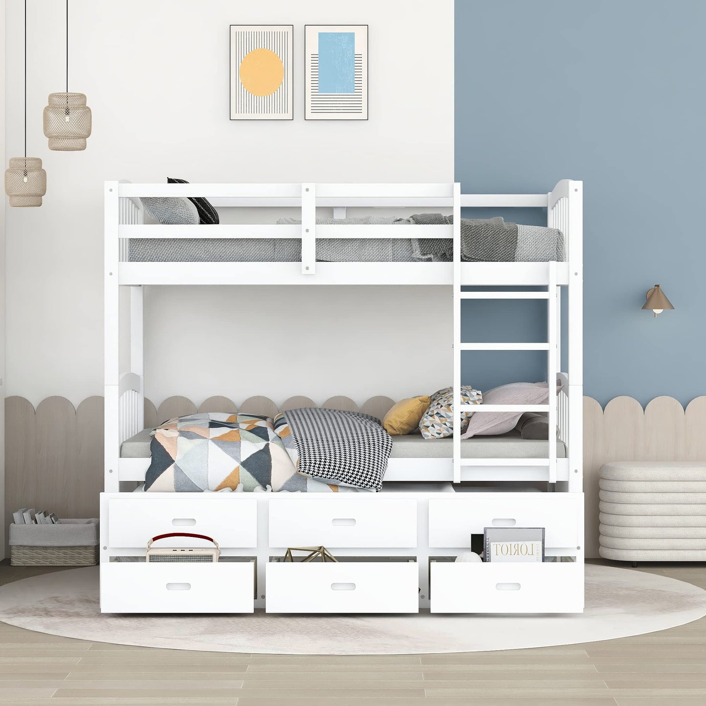 Harper&Bright Designs Twin Over Twin Bunk Bed with Twin Trundle, 3 Storage Drawers, Safety Rail, and Removable Ladder, Can be Separated into 3 Bed, White