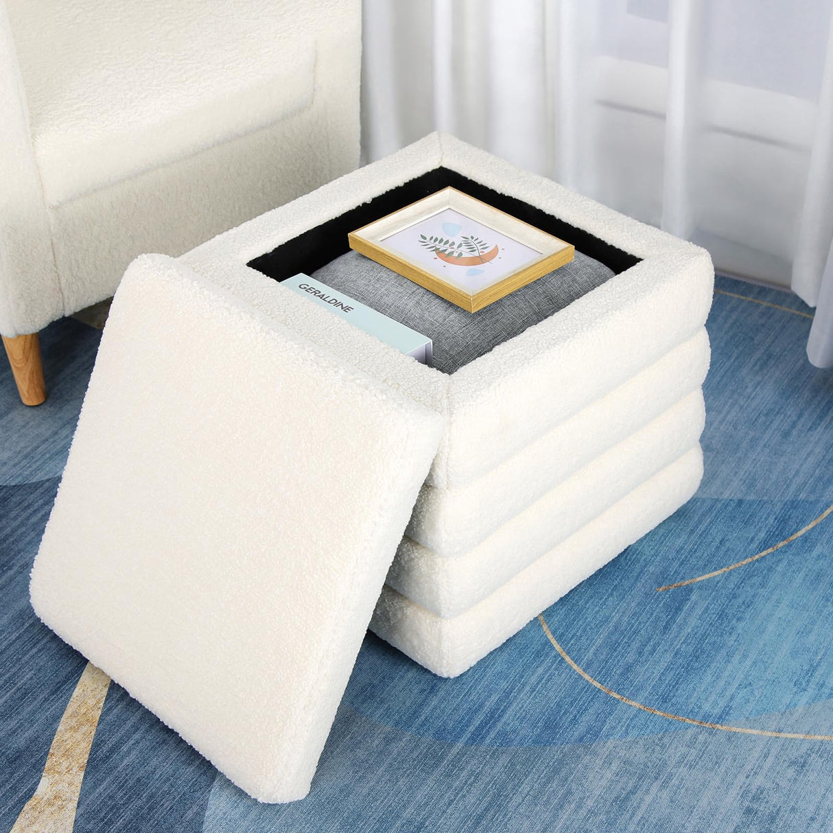 OuchTek Teddy Square Ottoman White Small Storage Ottoman Cube Ottoman for Living Room Sherpa Foot Stool Boucle Vanity Stool with Storage OuchTek