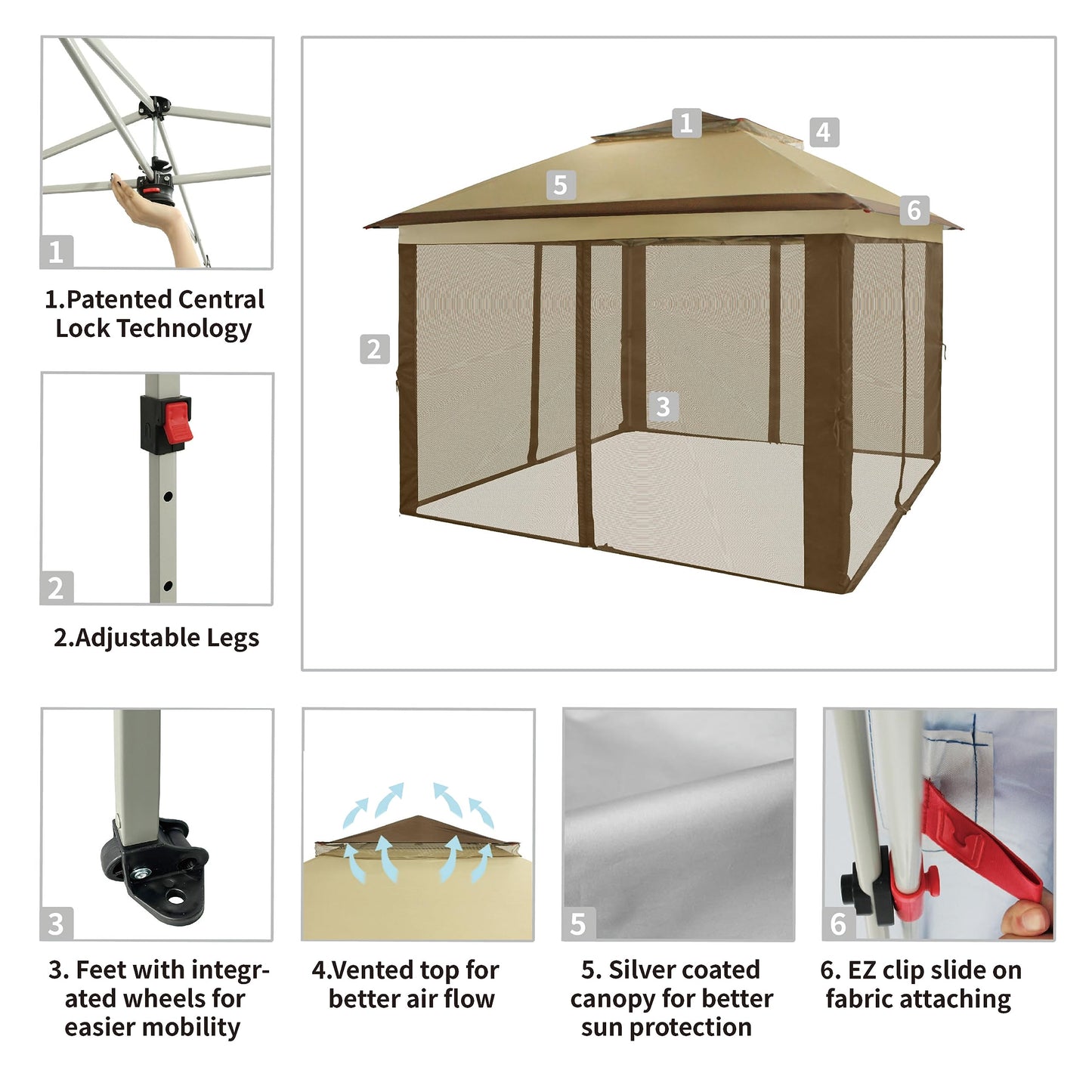 CROWN SHADES 11x11 Pop Up Gazebo, Patented One Push Outoor Canopy Tent with Wheeled STO-N-Go Cover Bag, Pop Up Canopy with Netting for Patio, Backyard (11x11, Beige & Coffee)