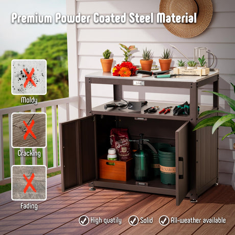 Feasto Garden Potting Bench with Storage Cabinet,Outdoor Gardening Table & Work Bench for Plants, Horticulture,Outdoor Workstation with Stainless Steel Tabletop,Outdoor Work Table Feasto