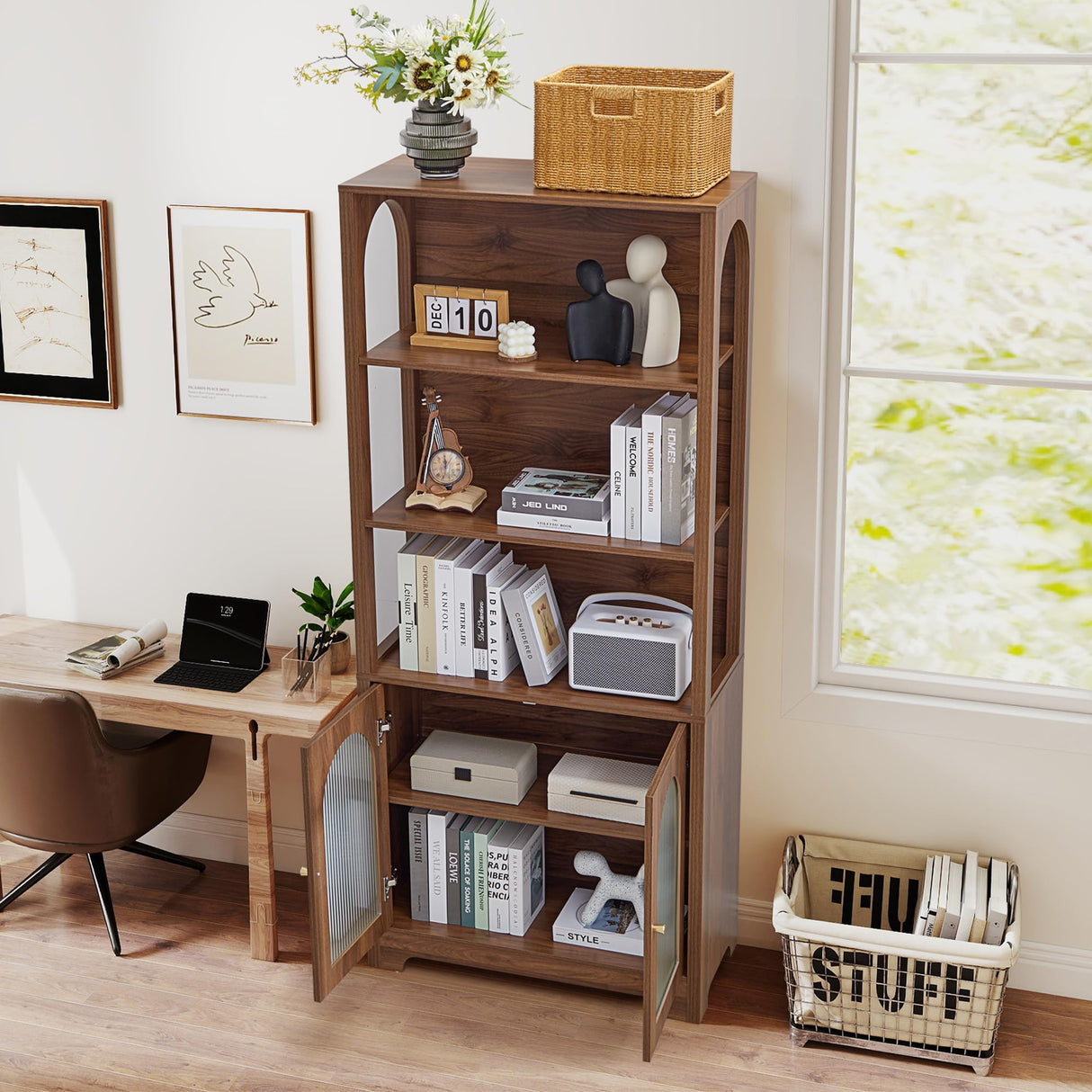 MAHYIZYI 71" Tall Bookshelf with Glass Doors, 5-Tier Arched Bookcase with Storage & Adjustable Shelf, Freestanding Wood Book Shelf Modern Farmhouse Display Cabinet for Living Room, Office (Walnut) MAHYIZYI