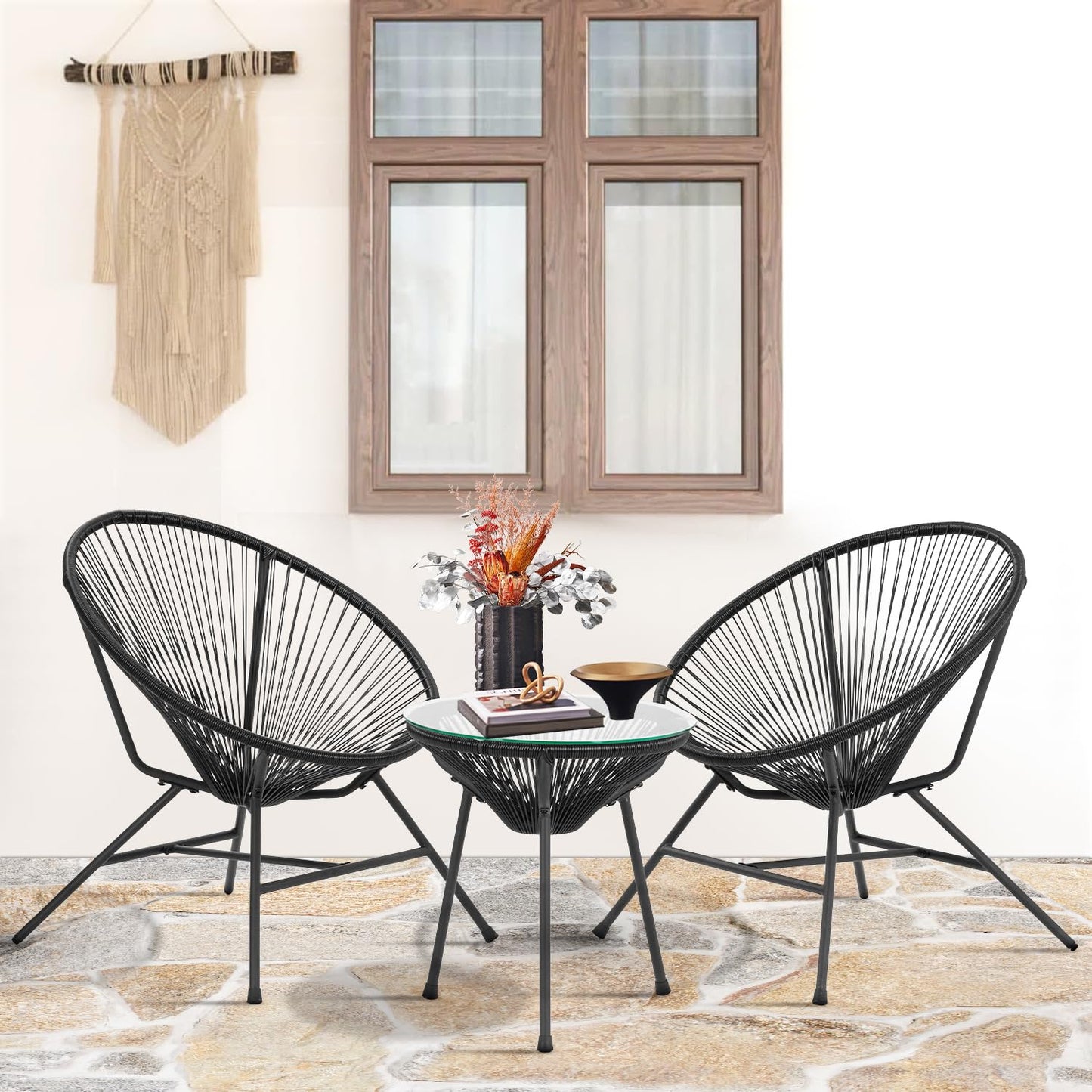 Acapulco Patio Bistro Set 3-Piece Outdoor Furniture Set All-Weather Woven Rope Patio Conversation Set with Glass Top Table and 2 Chairs (Black) - WoodArtSupply