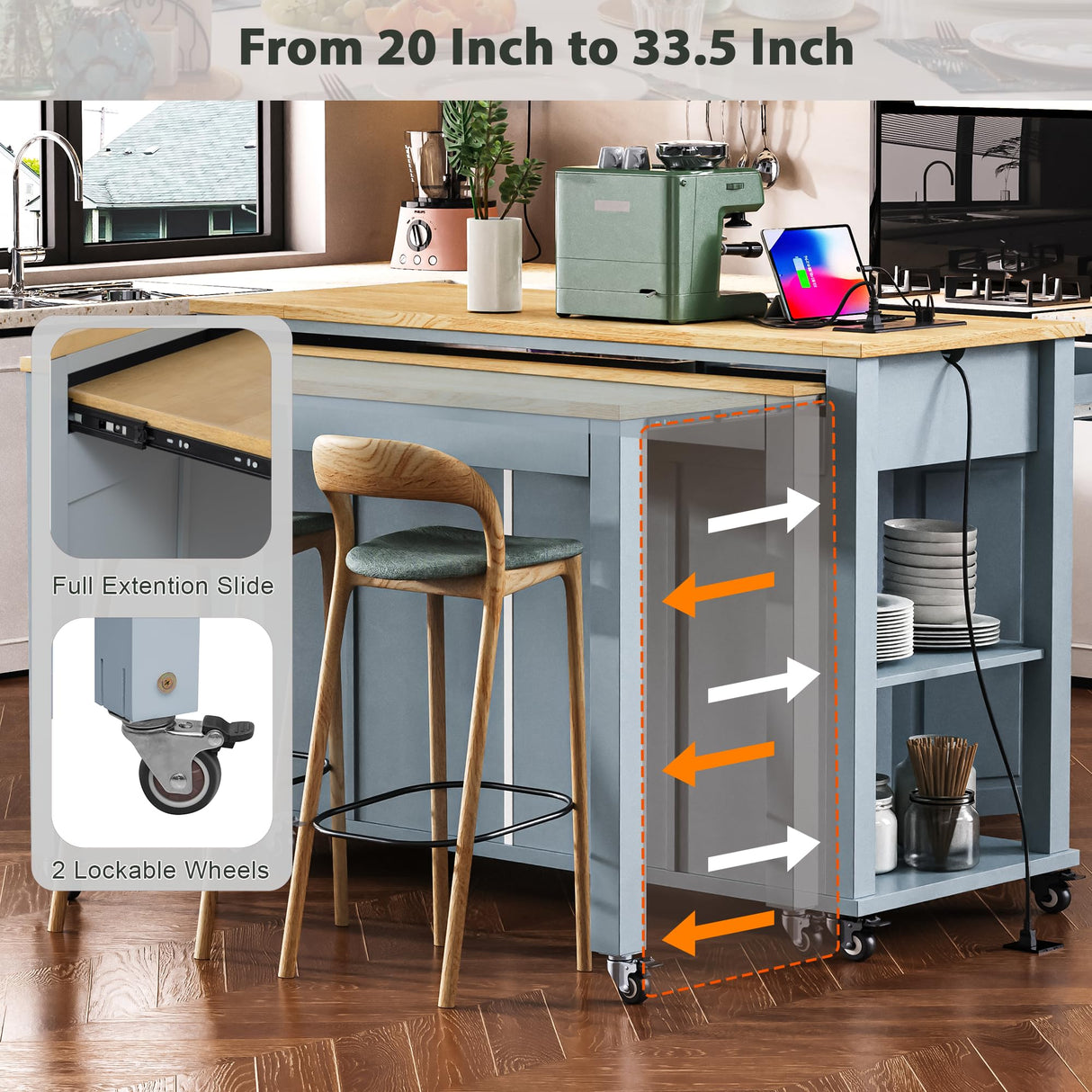 Merax Rolling Kitchen Island on Wheels with Extendable Dining Table & Power Outlet, Wood Kitchen Cart on Wheels with Internal Storage Rack,2 Drawers & 2 Cabinets, 47" Wide Grey Blue Merax