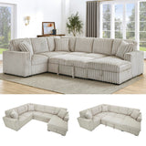 122'' Convertible U-Shaped Faux Rabbit Fur Plush Sectional Sleeper Sofa, Upholstered Cloud Couch Pull-Out Sofa Bed with Storage Chaise and USB Ports for Living Room (Khaki, 122'' x 95.6'') Familymill