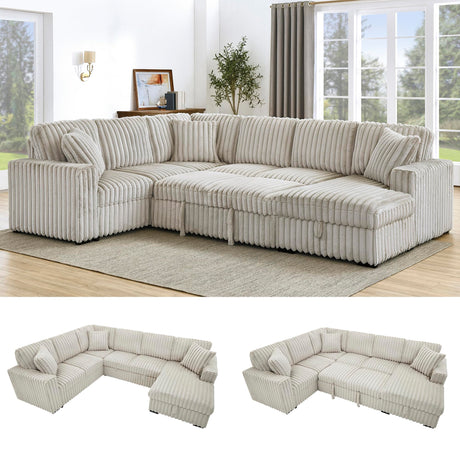 122'' Convertible U-Shaped Faux Rabbit Fur Plush Sectional Sleeper Sofa, Upholstered Cloud Couch Pull-Out Sofa Bed with Storage Chaise and USB Ports for Living Room (Khaki, 122'' x 95.6'') Familymill