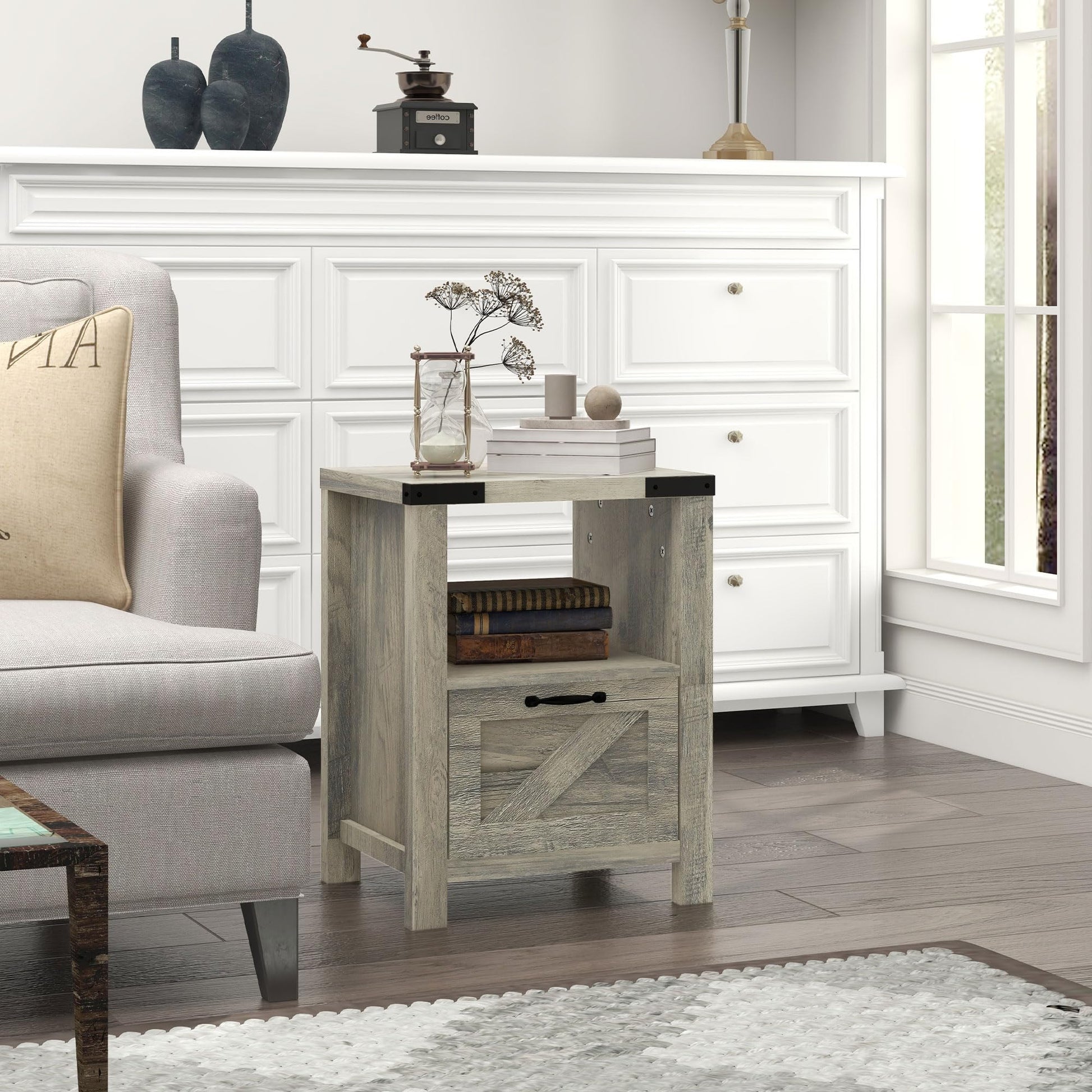 HOMCOM Farmhouse End Table, Rustic Side Cabinet with Storage, Small Side Table with Drawer, Wood Effect Tabletop for Living Room, Gray - WoodArtSupply