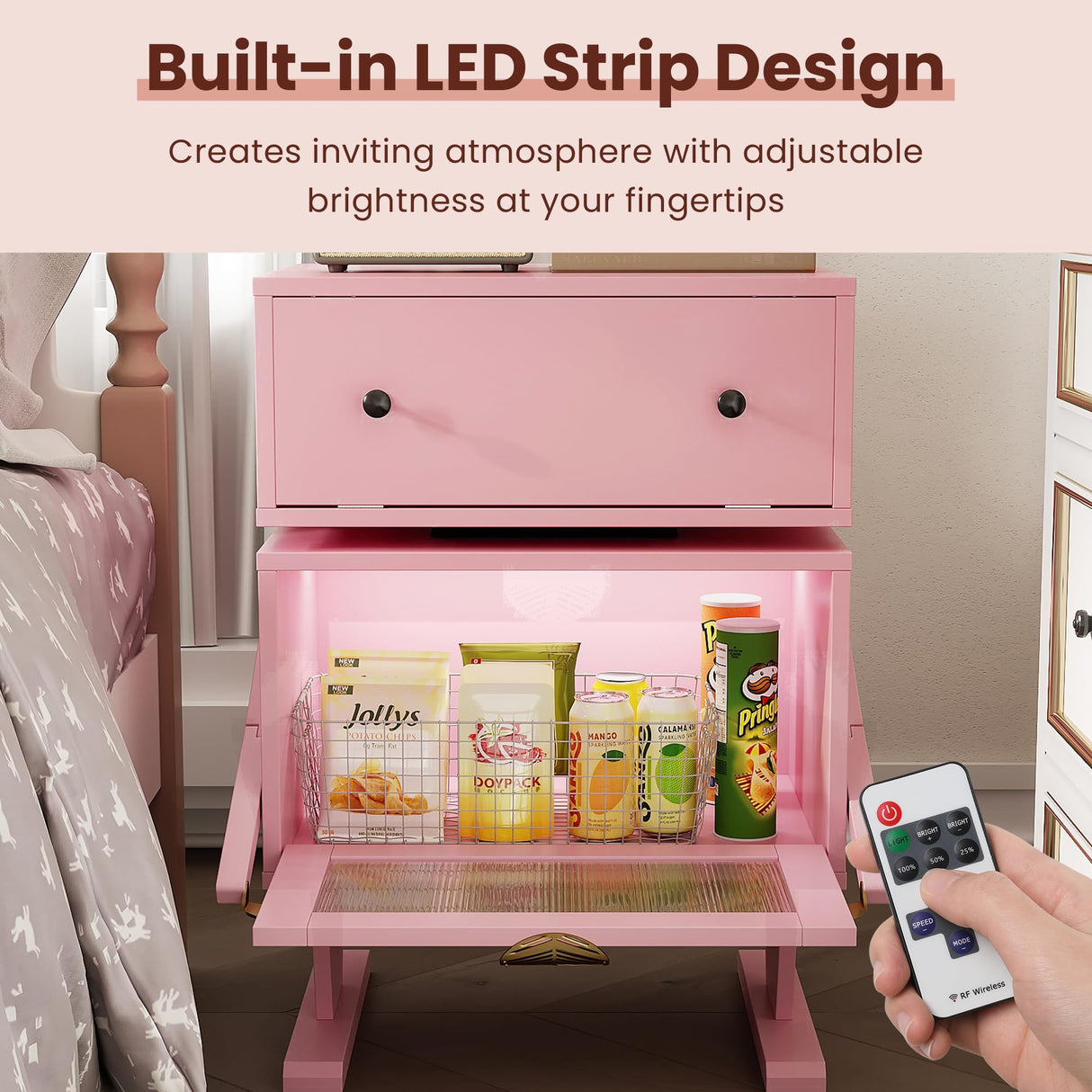 May in Color End Table with LED Light Strips, Modern Bedside Table with 360° Rotating Drawer, Creative End Table with Storage, Wood Night Stand Cabinet for Living Room, Bedroom, Nursery, Pink May in Color