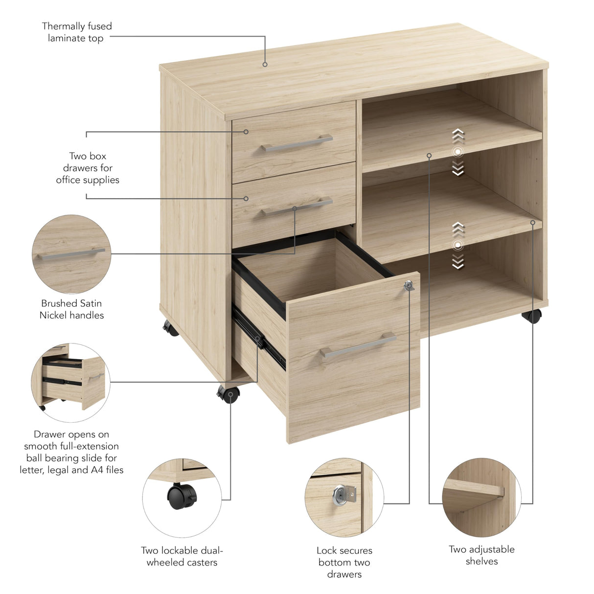 Bush Business Furniture Hustle Office Storage Cabinet with Wheels in Natural Elm, Mobile Organization Unit for Home and Professional Workspace Bush Business Furniture