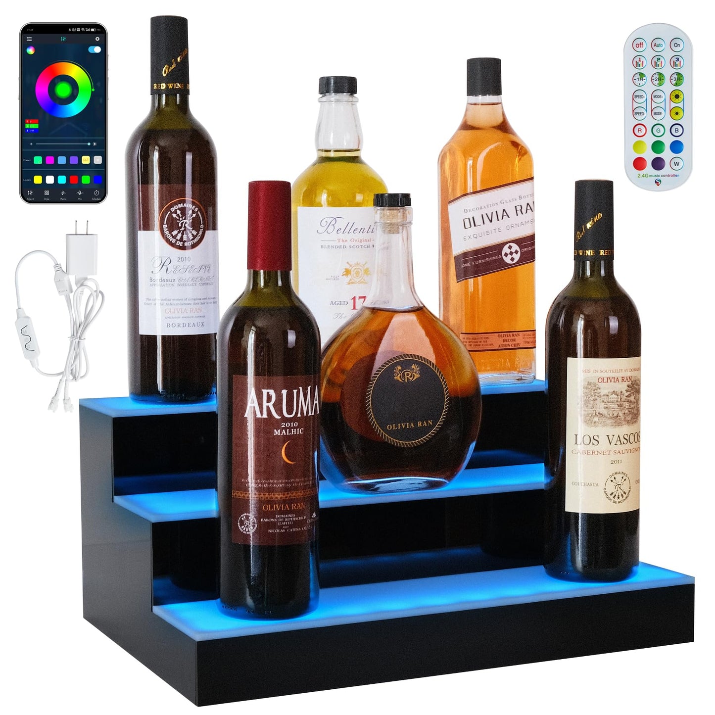 ClarityCraze LED Lighted Liquor Bottle Display Shelf, 3Tiers 16Inch Bar Bottle Display Shelf with Remote and App Control for Home Bar Party Whiskey Wine Coffee Syrup Water Bottle Display - WoodArtSupply