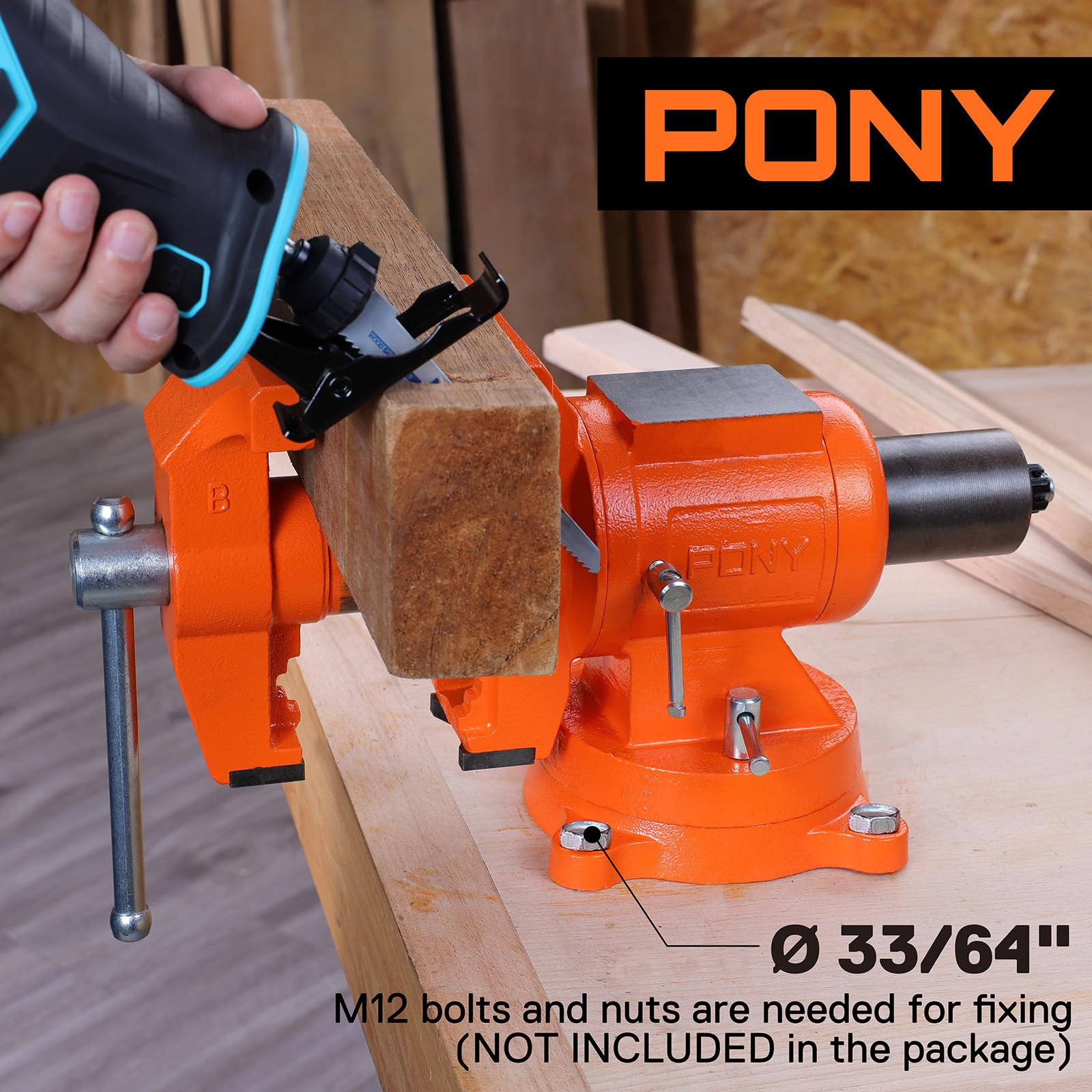 PONY Heavy Duty Bench Vise, 5-inch Jaw Width 5-inch Jaw Opening, 360-Degree Swivel Base with Anvil, Utility Combination Pipe Home Vise for Woodworking, One-Pair Vise Jaw Pad Included - WoodArtSupply