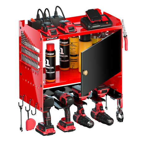 Spampur Power Tool Organizer Wall Mount with Charging Station,Garage Metal Cabinet 15 Min Quick Assembly & Max 150lb load with 6 Outlet Power Strip, 8 Slots Cordless Drill for Workshop/Shed/Tool Room Spampur