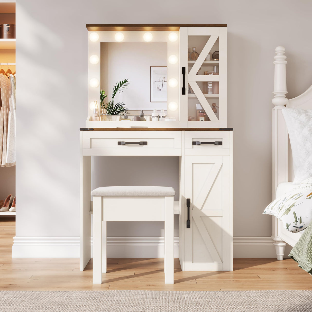NEDYO Vanity with Mirror and Lights, Farmhouse Vanity Desk, Makeup Vanity Table Set, Small Wood Vanity with Chair, Vintage Large Light Bulbs Dimmable Mirror, Shelves and Drawers. White NEDYO