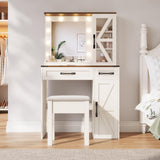 NEDYO Vanity with Mirror and Lights, Farmhouse Vanity Desk, Makeup Vanity Table Set, Small Wood Vanity with Chair, Vintage Large Light Bulbs Dimmable Mirror, Shelves and Drawers. White NEDYO