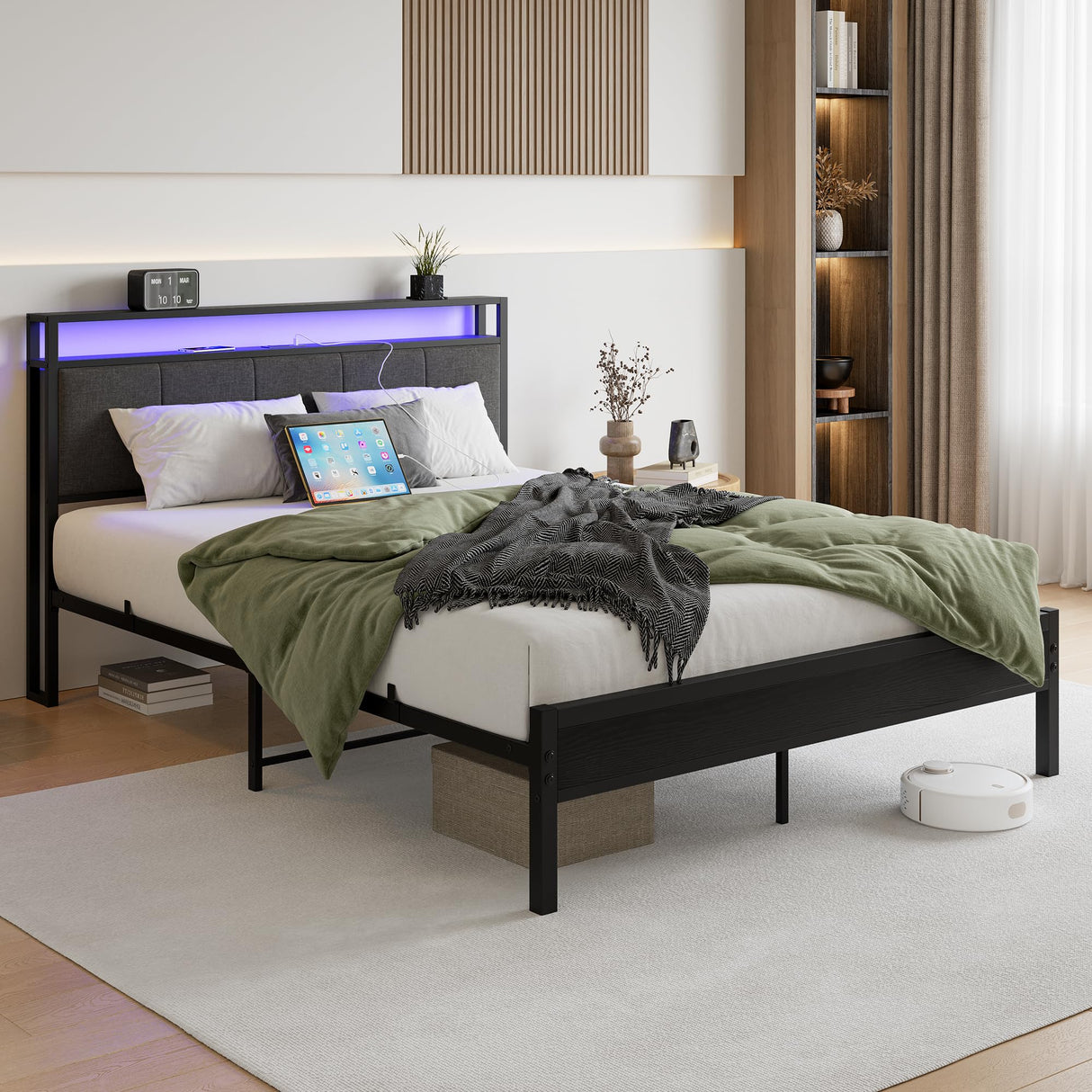 VECOCHO Queen Upholstered Bed Frame with Charging Station, LED Lights, and Headboard Storage - Dark Grey VECOCHO