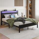 VECOCHO Queen Upholstered Bed Frame with Charging Station, LED Lights, and Headboard Storage - Dark Grey VECOCHO