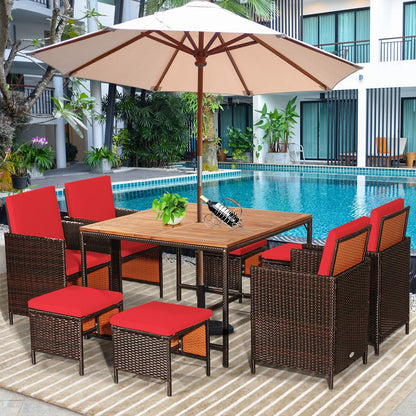 COSTWAY 9PCS Patio Rattan Dining Set Cushioned Chairs Ottoman Wood Table Top Red