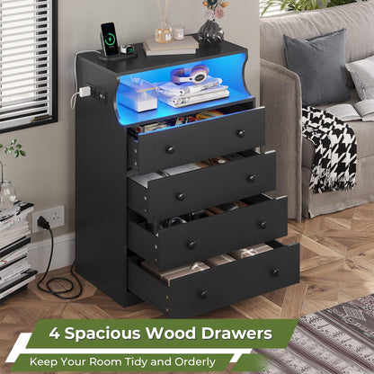 DICTAC Black Drawer Dresser for Bedroom with LED Lights, Chest of 4 Drawers with Charging Station, Tall Dresser with Large Storage Space, Wooden Storage Tower Organizer - WoodArtSupply