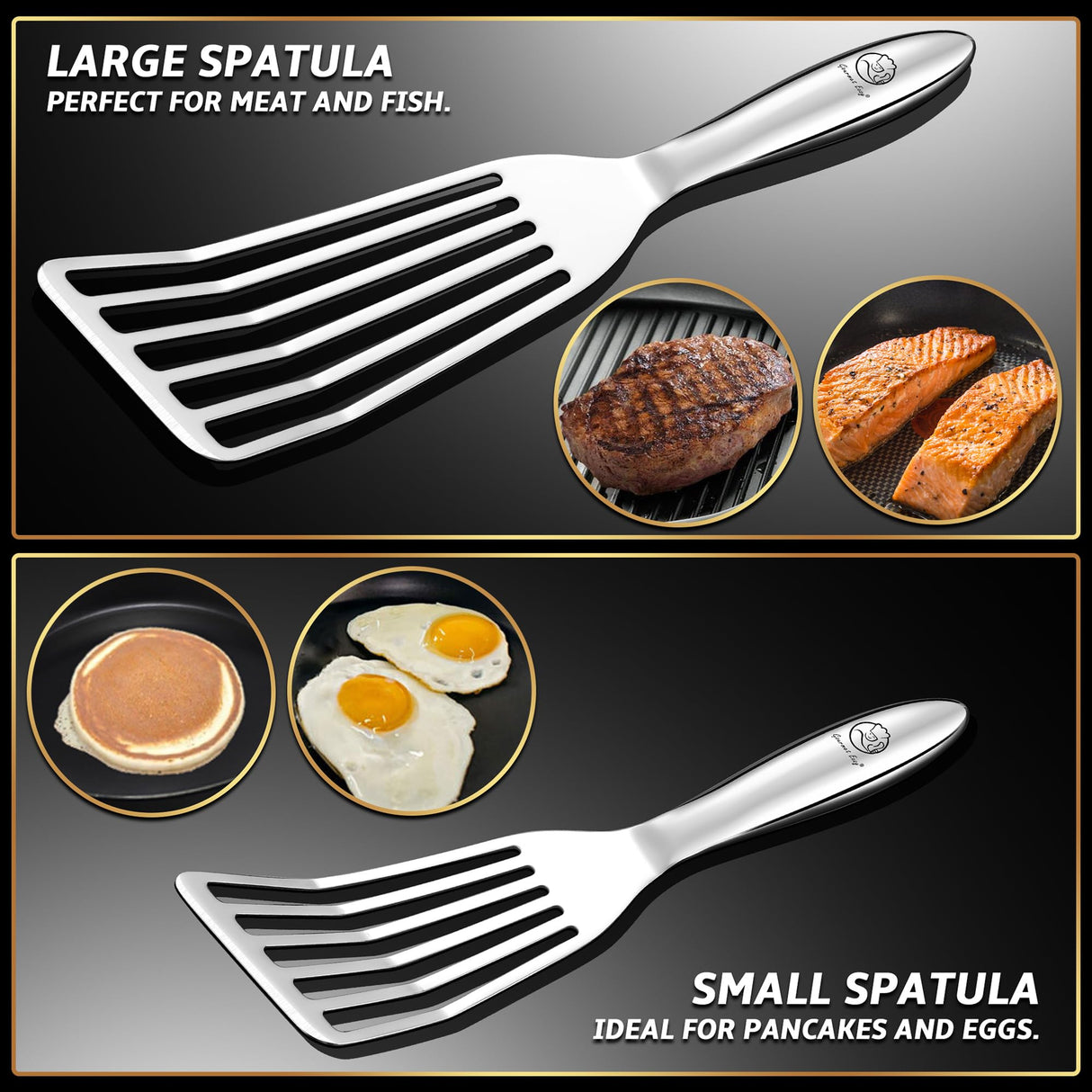 Fish Spatula Stainless Steel Combo, 1 Large Fish Turner Spatula + 1 Small Griddle Spatula, Metal Spatula for Kitchen Use, Slotted Spatulas, Frying Spatula with Thin Edge Ideal for Turning & Flipping Gourmet Easy