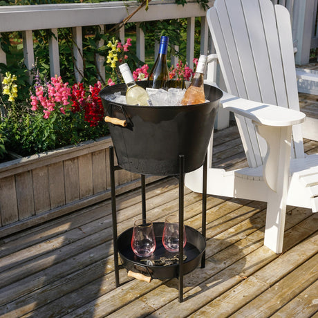 Twine Black Beverage Tub with Collapsible Stand, Large Metal Bucket and Tray, Ice Drink Buckets with Acacia Wood Handles for Parties, 3-Piece Set Twine