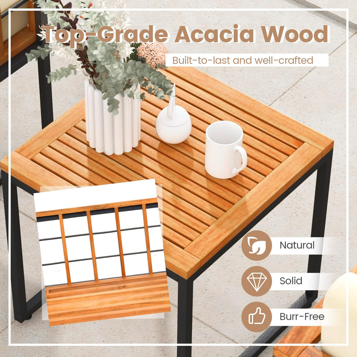 Tangkula 3 Pieces Patio Chair Set, Acacia Wood Outdoor Sofa Set with Metal Support, Soft Seat & Back Cushions Included, Cushioned Bistro Set for Balcony, Porch, Backyard (Beige) Tangkula