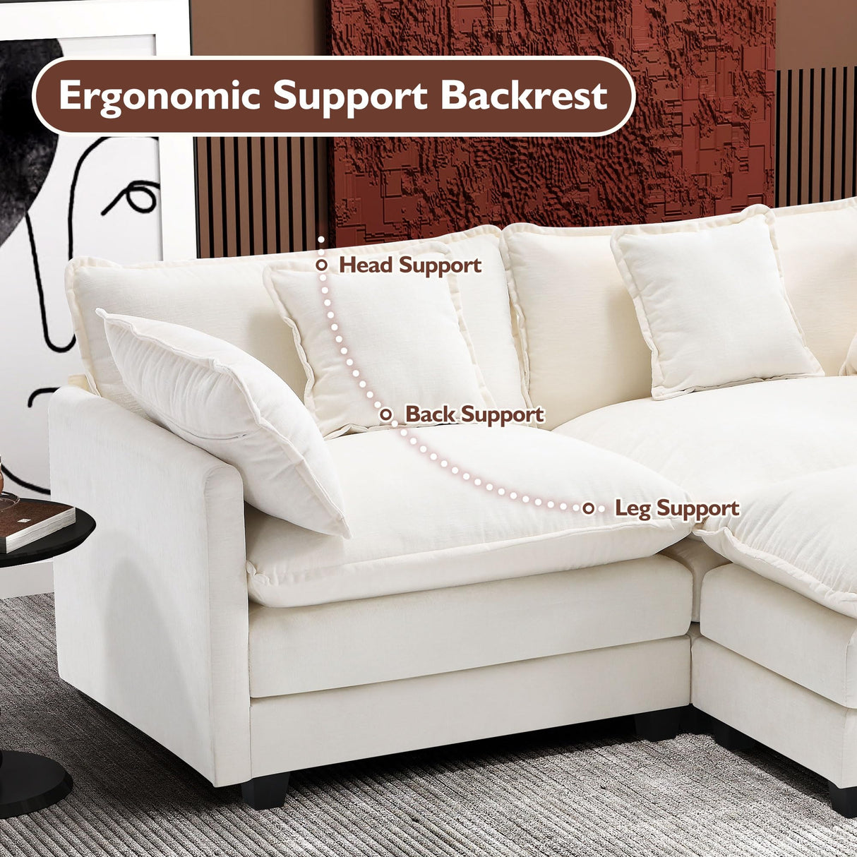 Ihanherry 77" L Shaped Modern Sofa Modular Sectional Cloud Couch with Ottoman, 3-Seat Chenille Deep Seat Sofa with Pillow for Living Room, Bedroom and Apartment, Beige Ihanherry